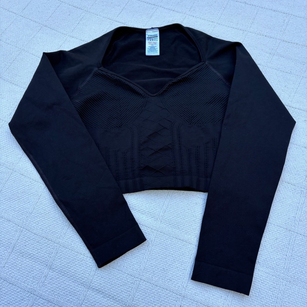 Women's Large GYMSHARK Black Corset Seamless Long Sleeve Workout Gym Top